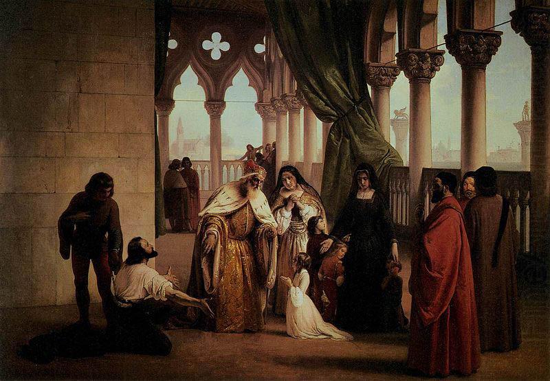 Francesco Hayez The Two Foscari: Francesco Foscari, Doge of Venice banishing his son Jacopo on the charge of treasonable correspondence while in exile oil painting picture